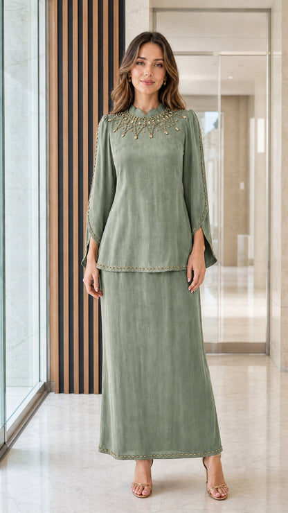 Sage green 2-piece modest long sleeve tunic and skirt set