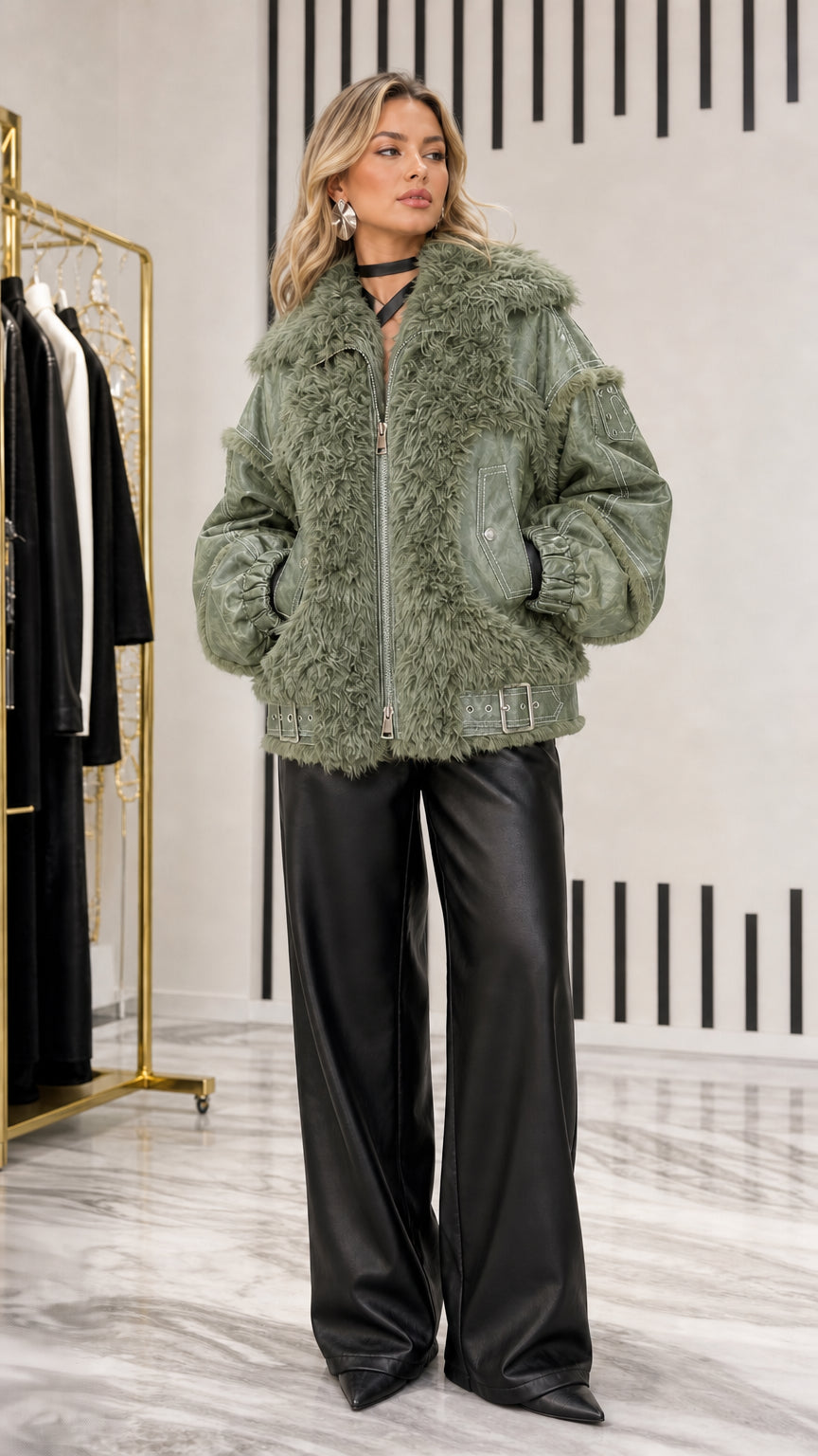 Model wearing sage green faux leather and curly shearling aviator jacket