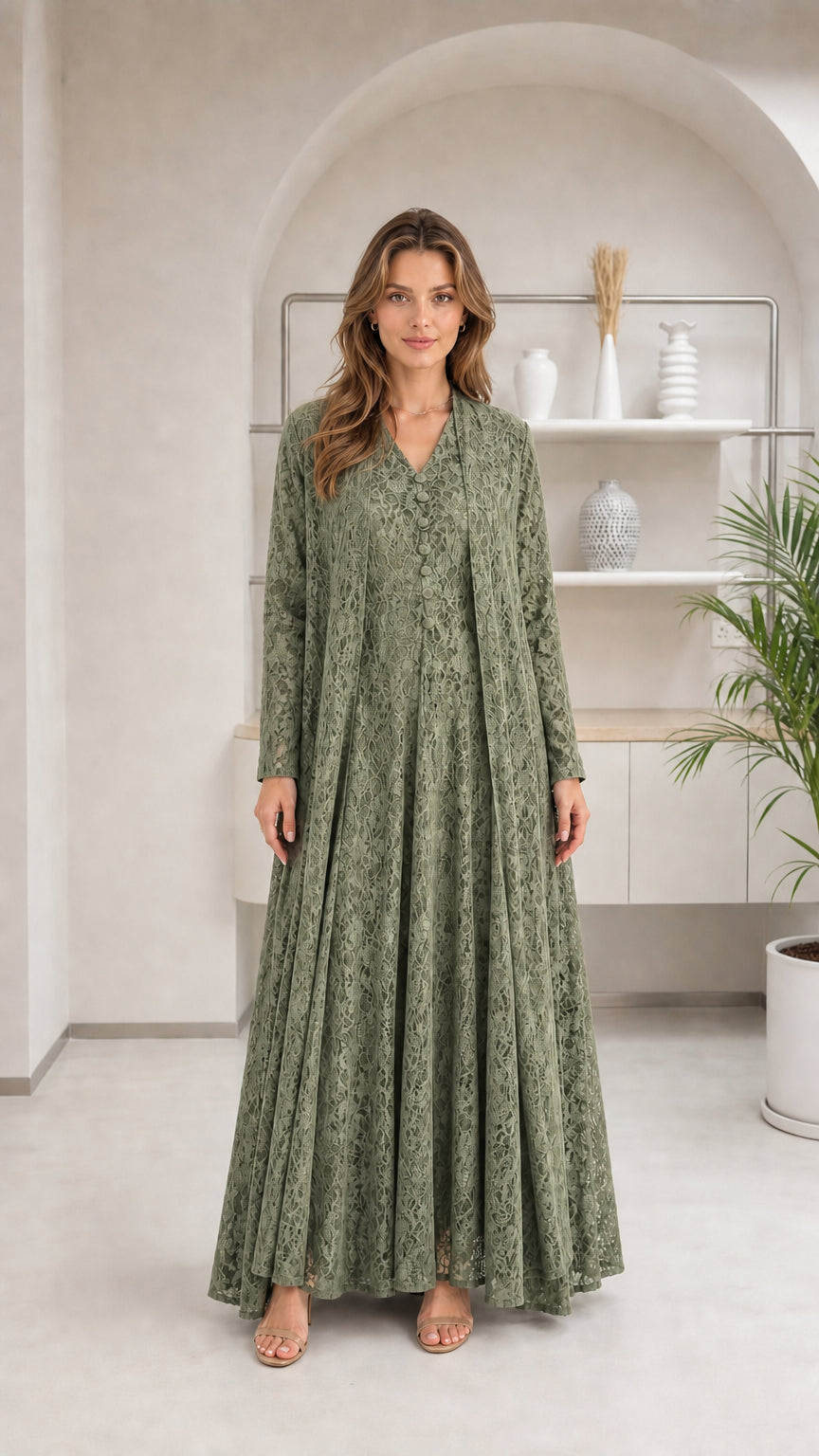 Front view of woman wearing sage green floral lace maxi dress set