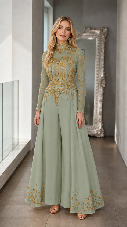 Full-length view of sage green evening palazzo jumpsuit with gold sequin details