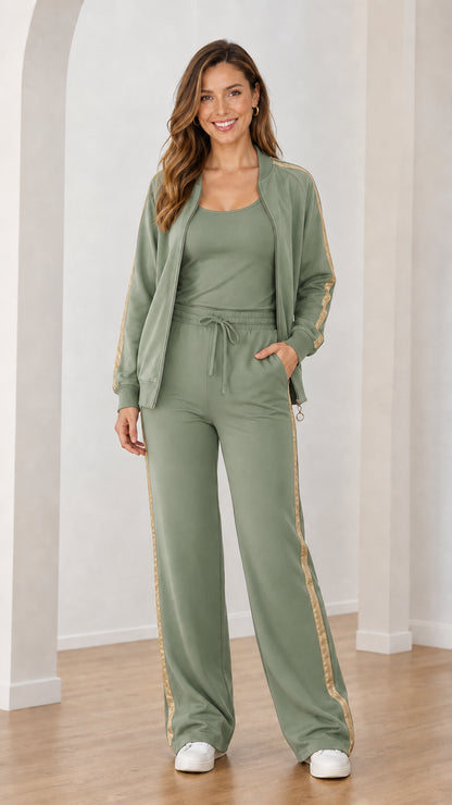 Front view of sage green 3-piece tracksuit set with metallic stripe