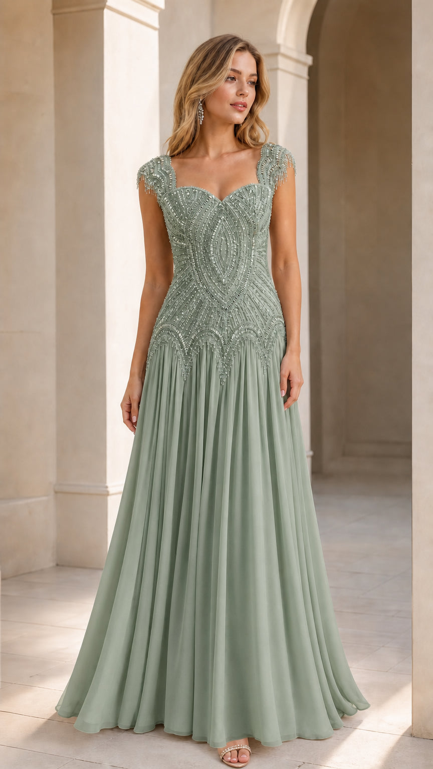Sage green embellished formal gown with cap sleeves