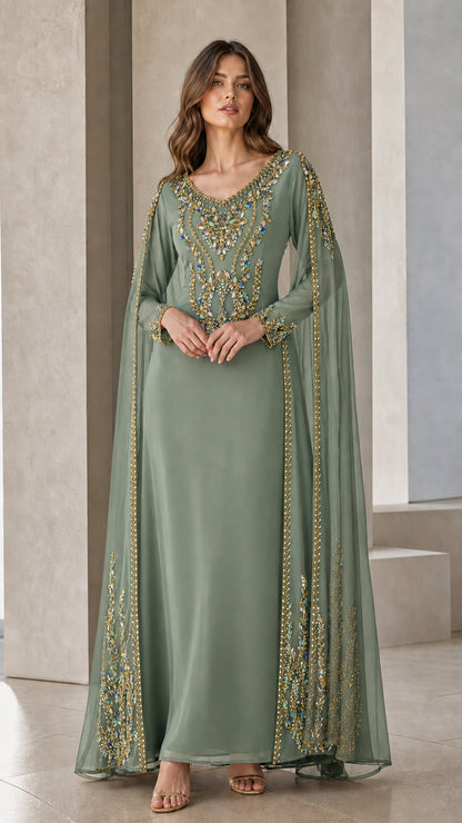 Sage green embellished cape formal evening gown front view