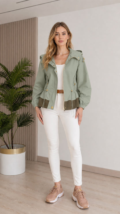 Model wearing sage green hooded utility windbreaker jacket with contrast hem