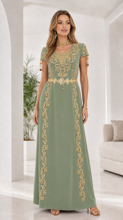 Full front view of sage green gold embroidered evening maxi dress