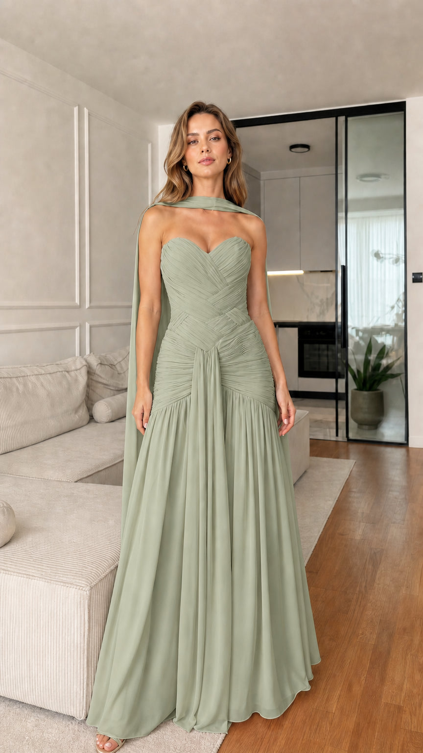 Sage Green Strapless Sweetheart Ruched Chiffon Maxi Evening Gown with Cape
