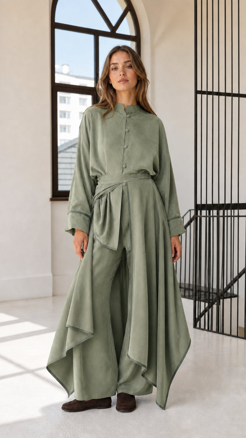 Front full-length view of woman wearing sage green asymmetric long tunic and wide-leg trousers set