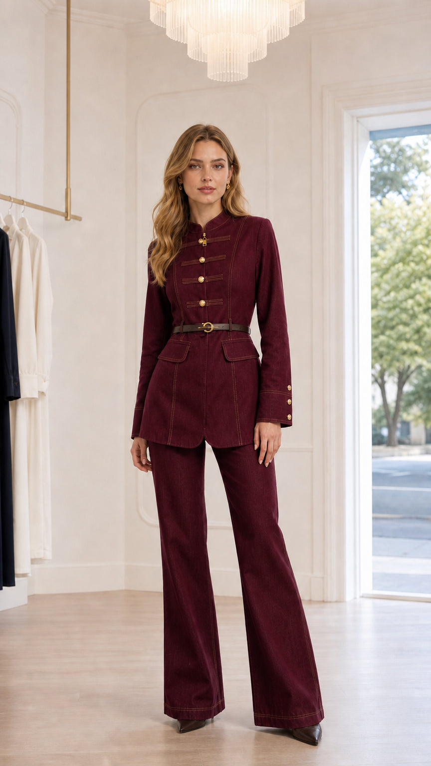 Full-length view of woman wearing burgundy wine military belted jacket and flare pants set