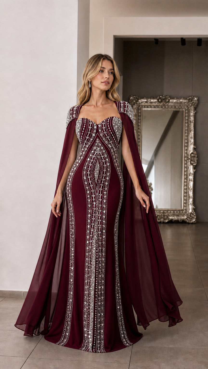 Front view of woman wearing burgundy wine red beaded evening dress with attached cape