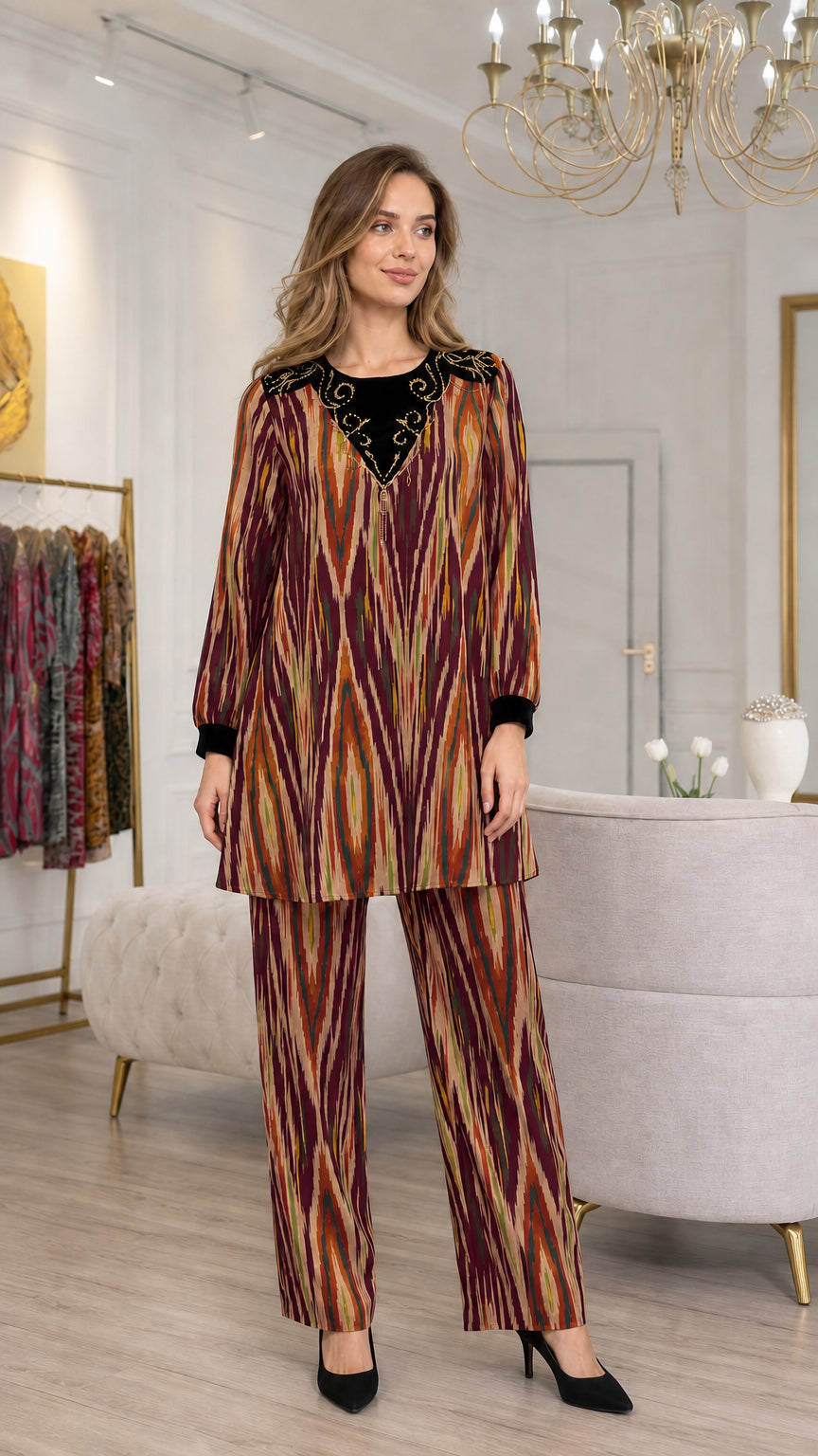 Model wearing Burgundy red ikat print two-piece pant set
