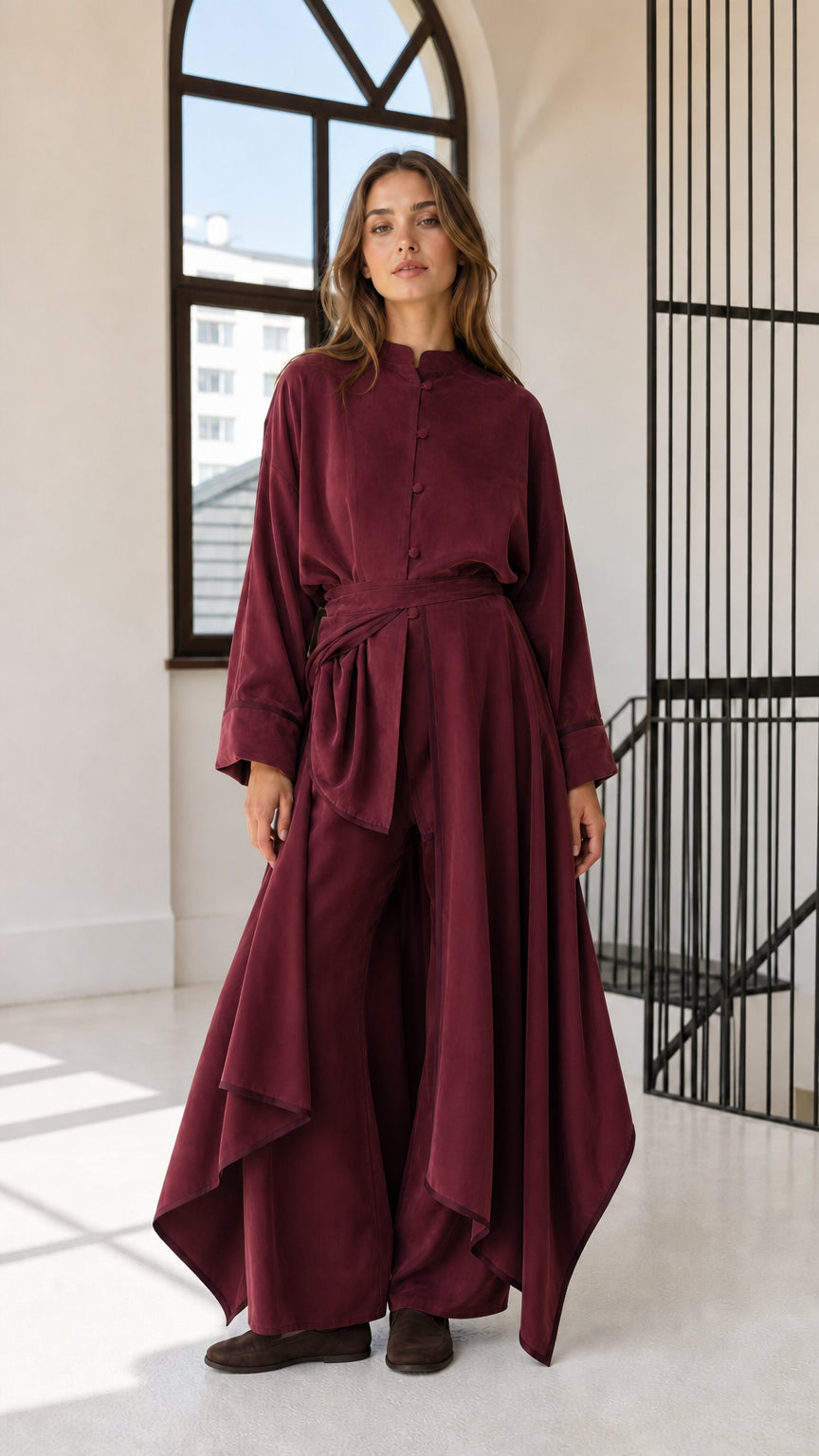 Front full-length view of woman wearing burgundy wine red draped tunic and matching pants set