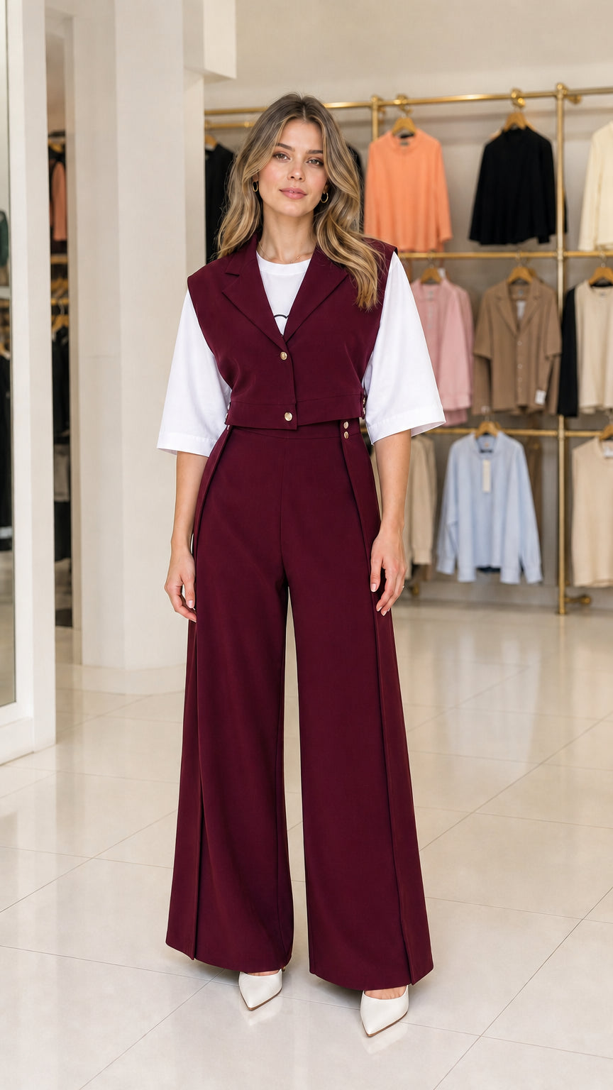 Front view of model wearing burgundy wine cropped vest and wide leg trouser set
