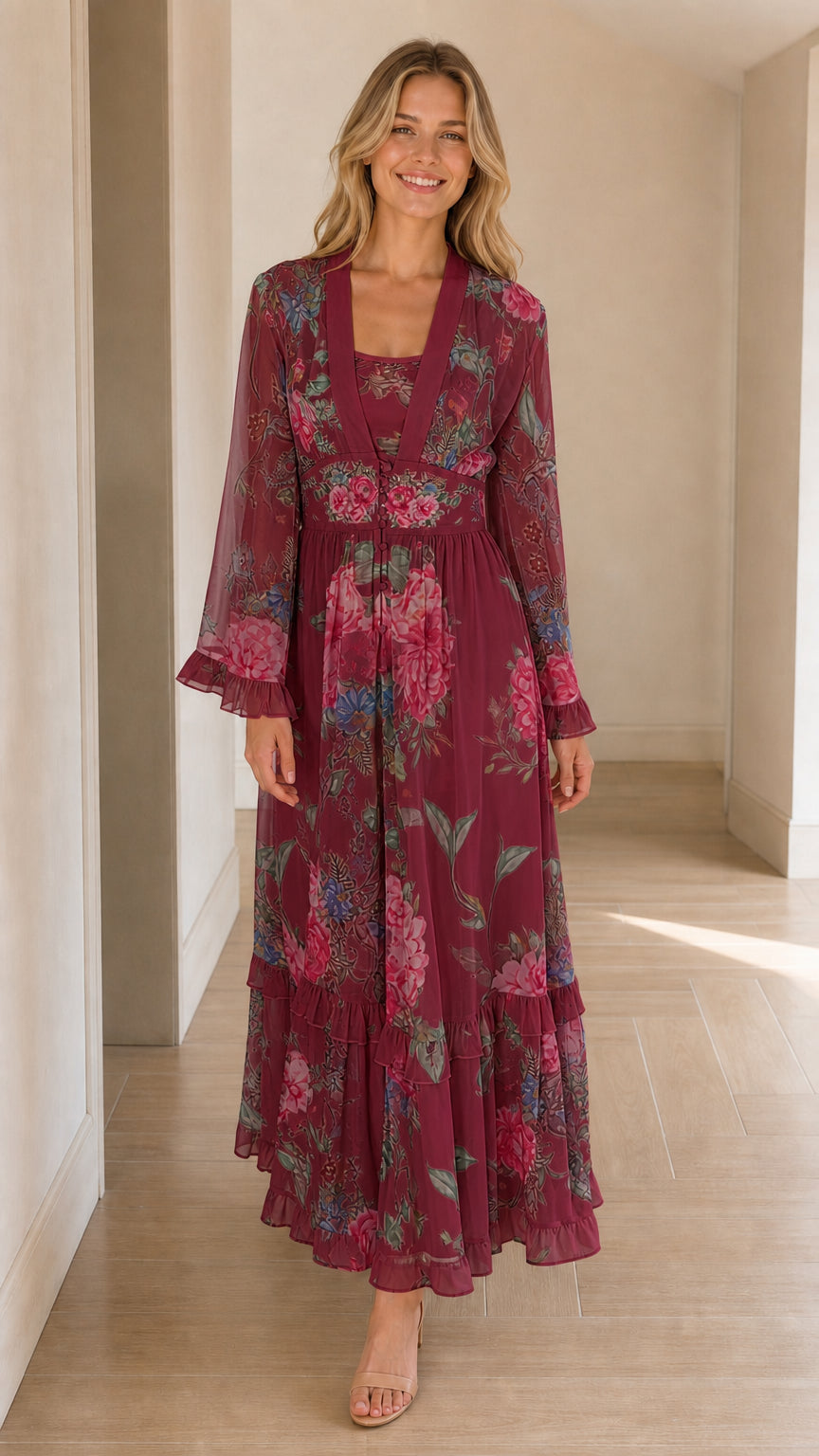 Full-length front view of burgundy wine floral long sleeve tiered maxi dress