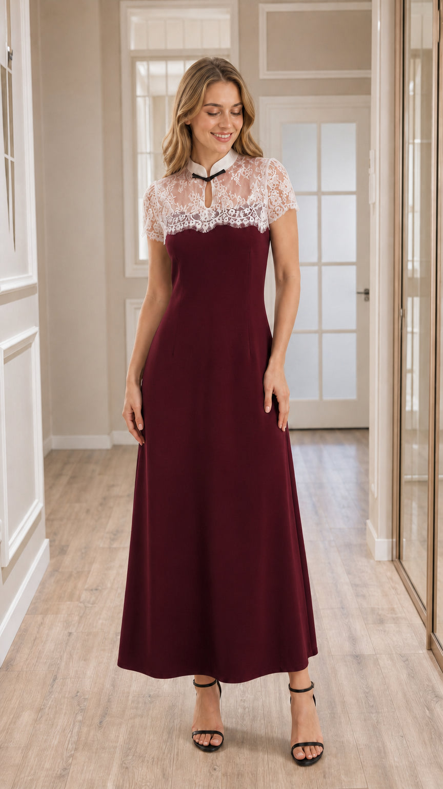 Front view of model wearing burgundy wine lace yoke A-line maxi dress
