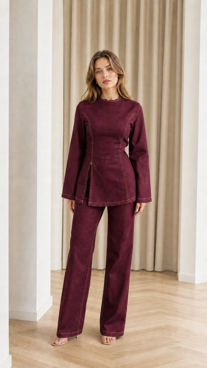 Front full-length view of model in Burgundy contrast stitch denim pant set