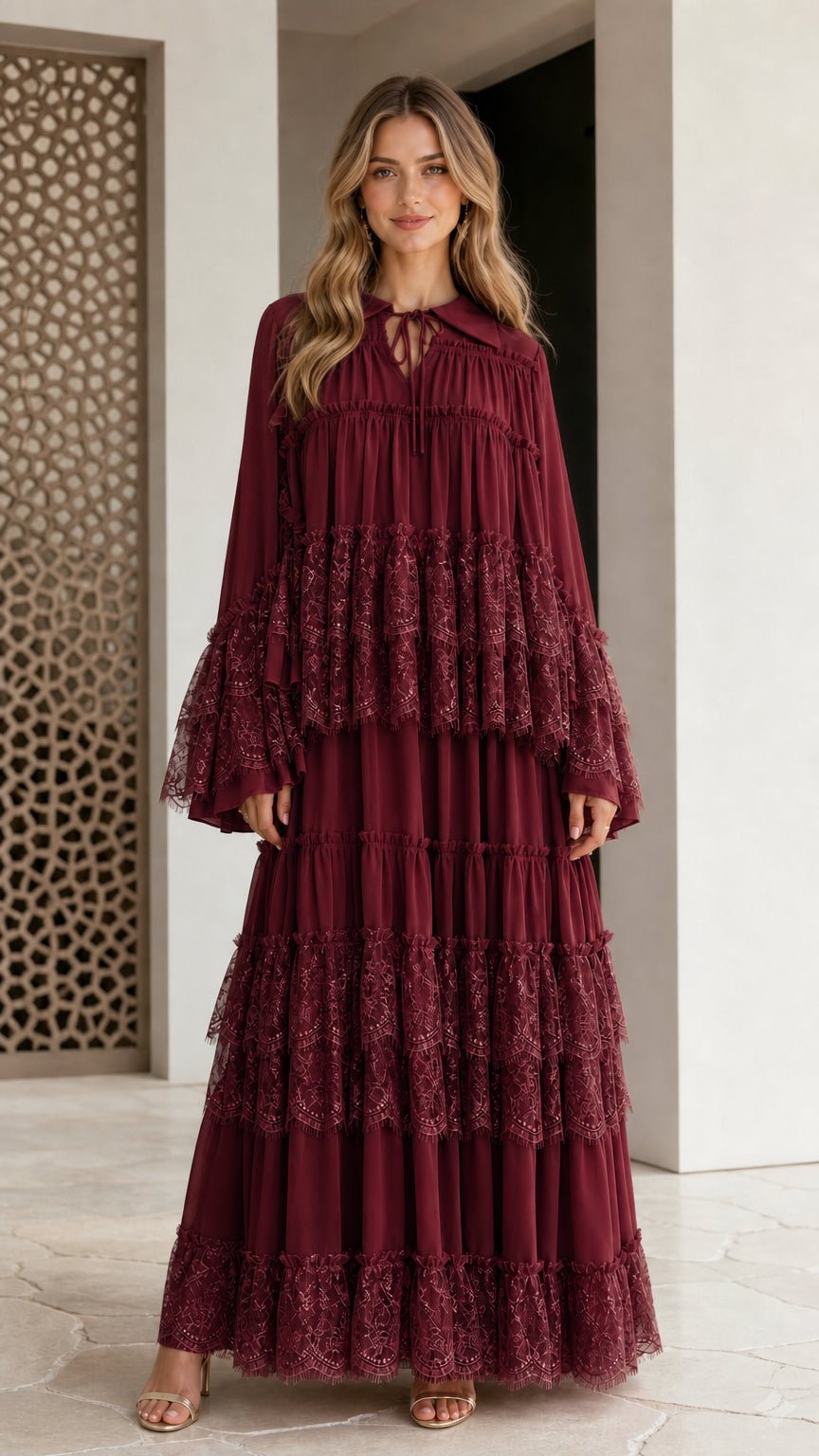Burgundy wine tiered lace long sleeve maxi dress front view