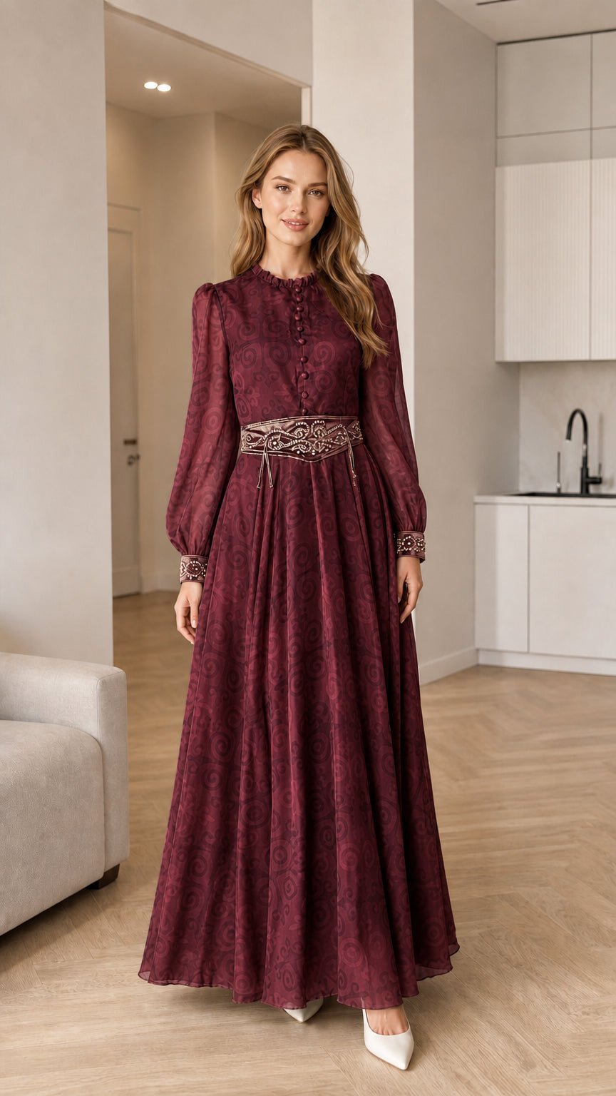 Burgundy wine red long sleeve jacquard maxi dress with embellished waistband