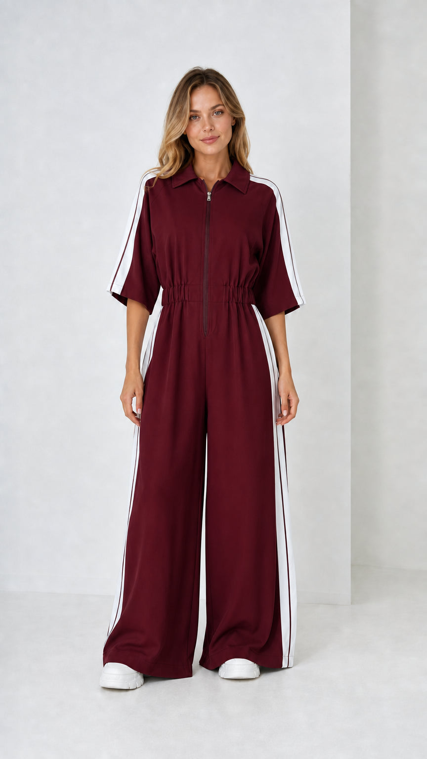 Burgundy wine red short sleeve wide leg jumpsuit with white stripe detail