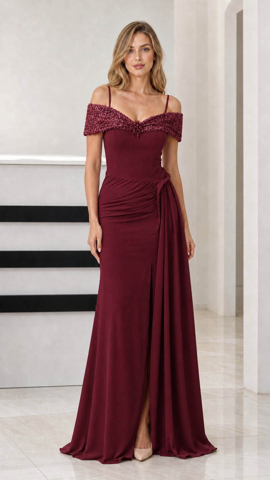 Front view of burgundy wine off-the-shoulder beaded evening maxi dress