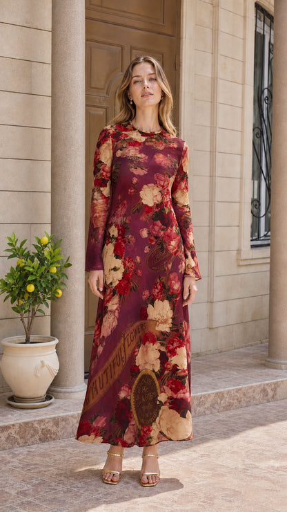 Model wearing burgundy wine floral print crew neck long sleeve maxi dress