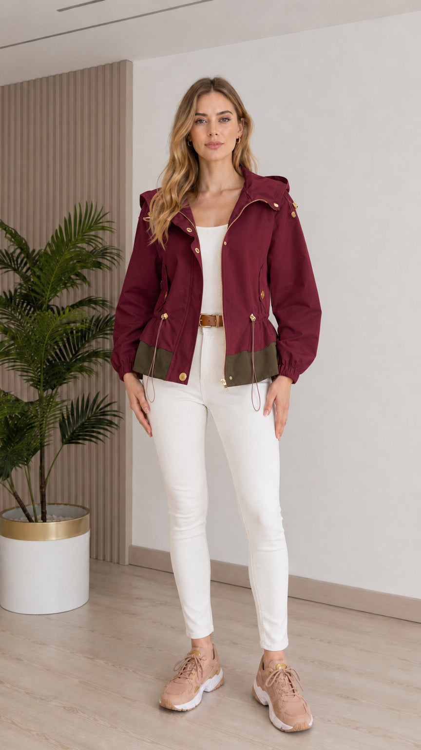 Model wearing burgundy red hooded utility windbreaker jacket with contrast hem