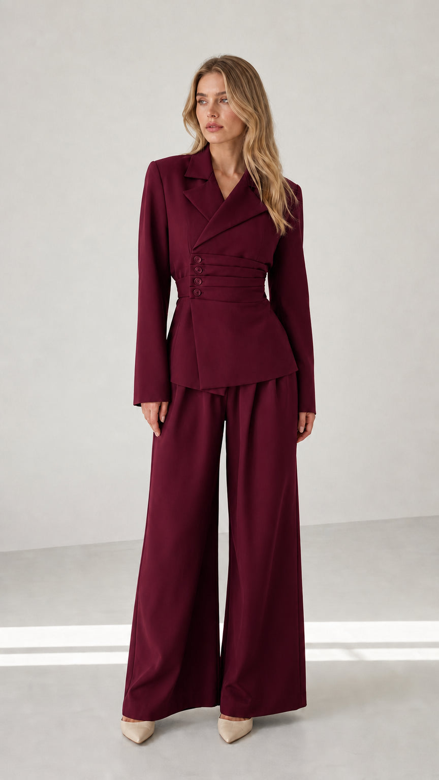 Woman wearing burgundy wine red tailored blazer and wide leg trousers set
