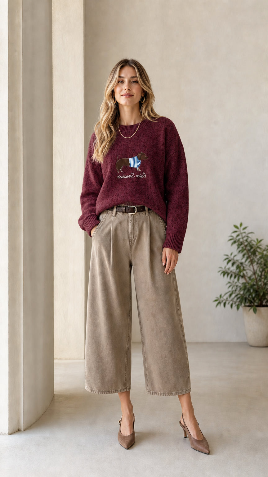 Model wearing Burgundy dachshund graphic crewneck knit sweater