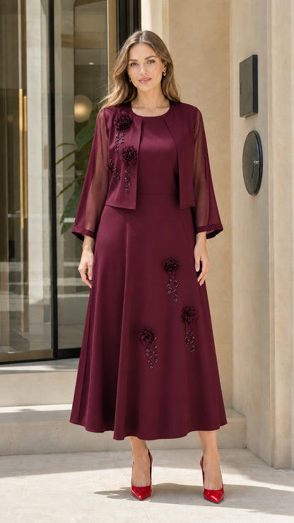 Full front view of Burgundy wine red 2-piece formal maxi dress set with floral details