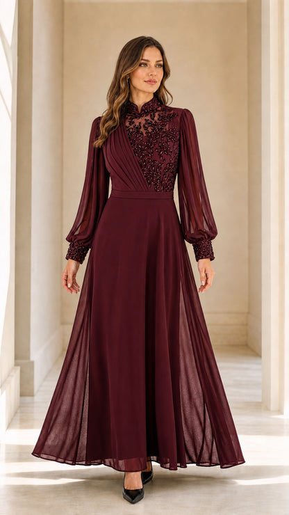 Burgundy wine red long sleeve beaded evening dress