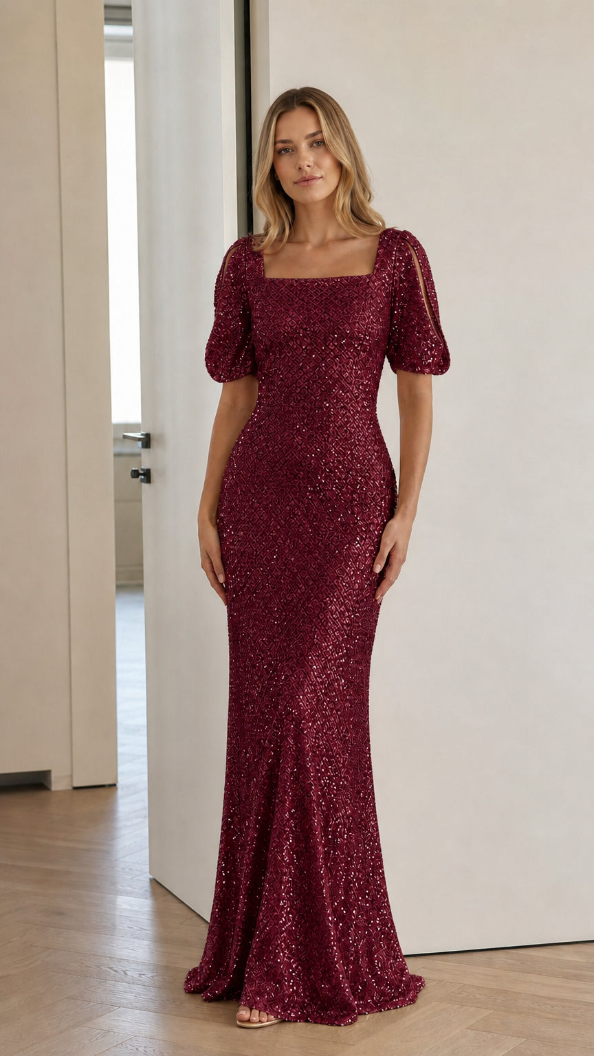 Burgundy sequin square neck mermaid maxi dress