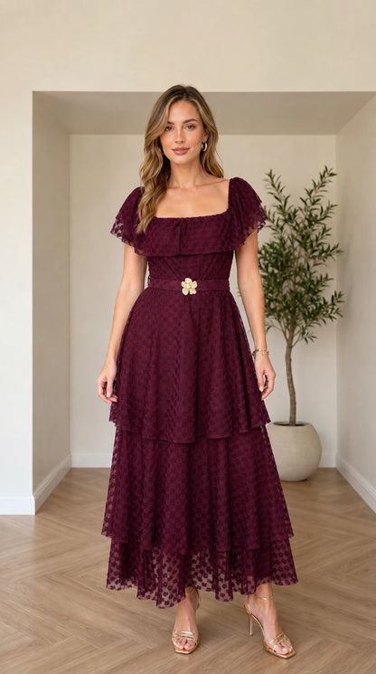 Burgundy wine red tiered ruffle maxi dress with waist belt