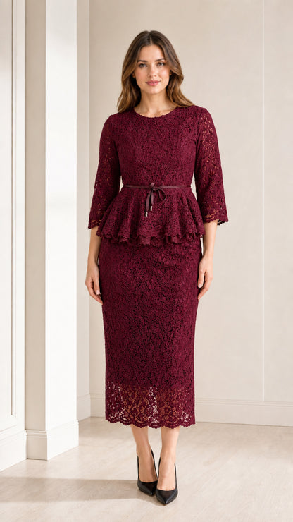 Front view of woman wearing burgundy wine lace peplum midi dress