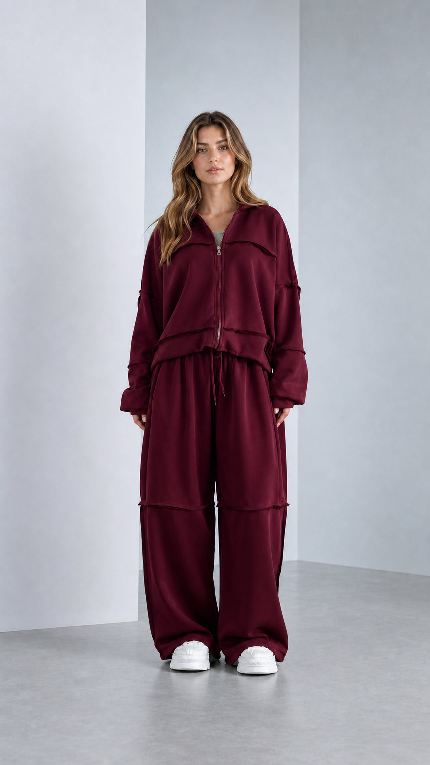 Full-length studio shot of model wearing Wine Red wide-leg 2-piece lounge set