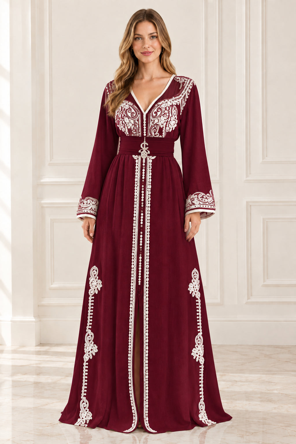 Full front view of burgundy Moroccan kaftan maxi dress with white embroidery