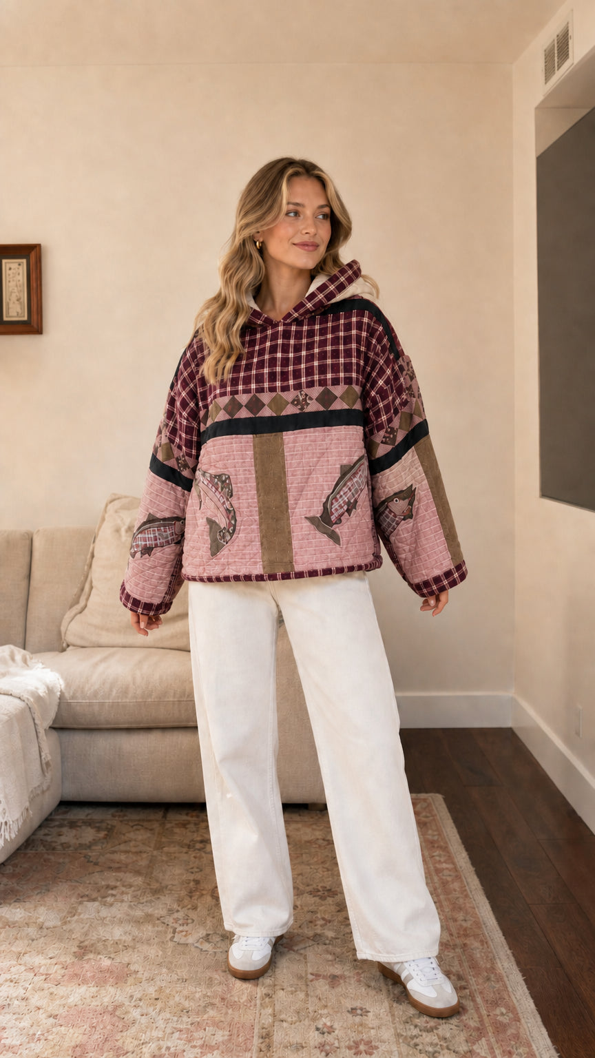 Model wearing Burgundy wine quilted patchwork hoodie with fish embroidery