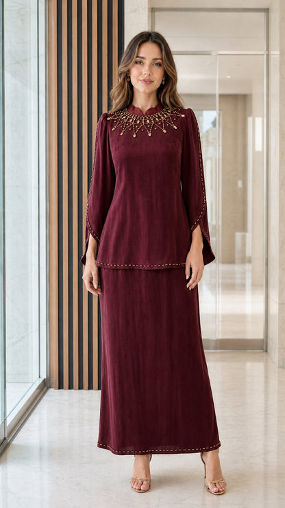 Burgundy wine 2-piece beaded neckline maxi skirt set