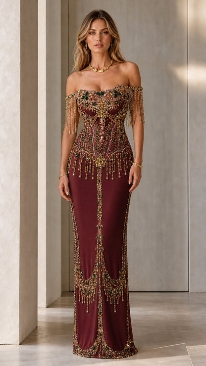 Model wearing Burgundy off-the-shoulder crystal-embellished evening gown