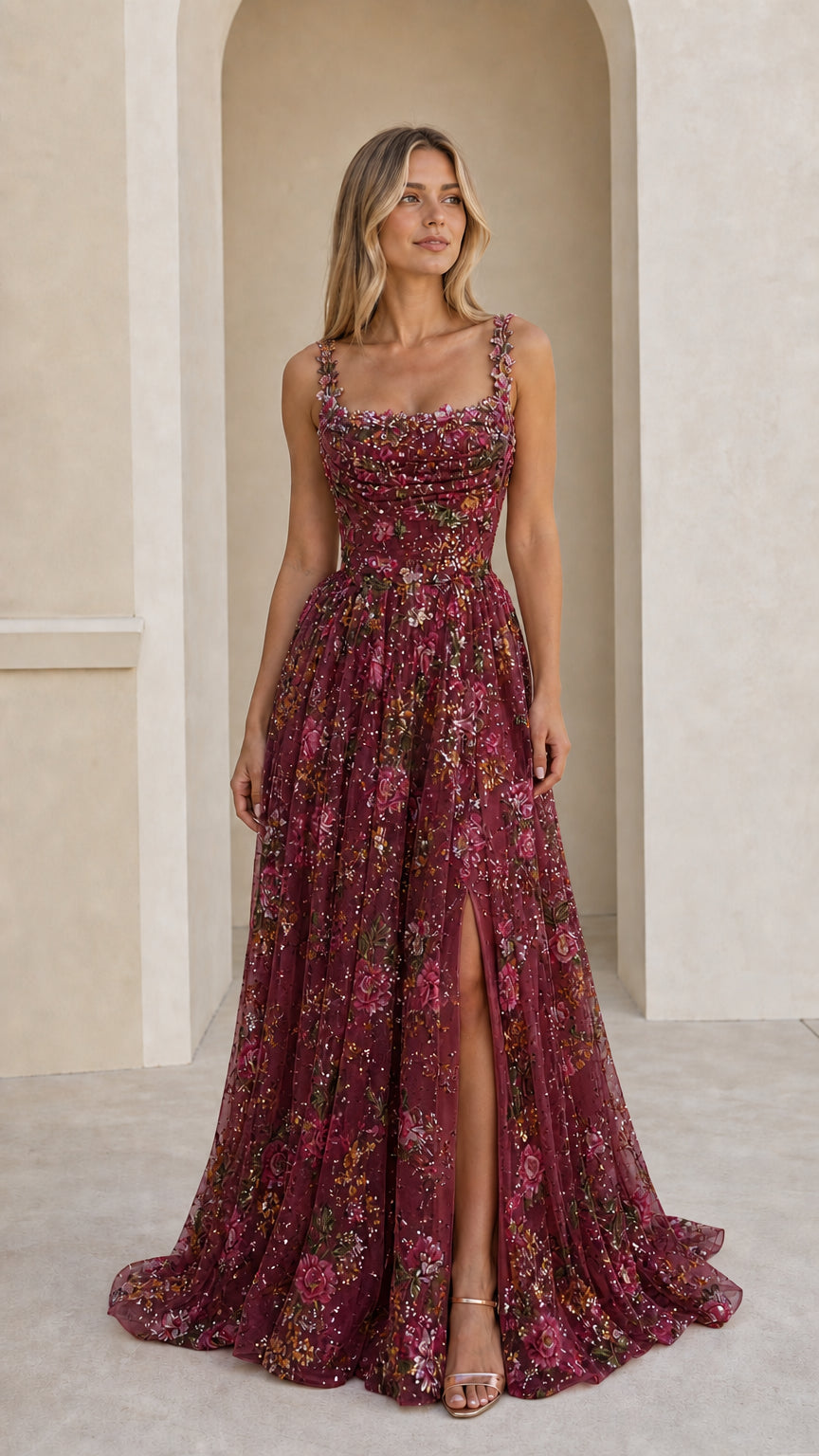 Front view of burgundy wine floral embroidered sequined gown with thigh slit