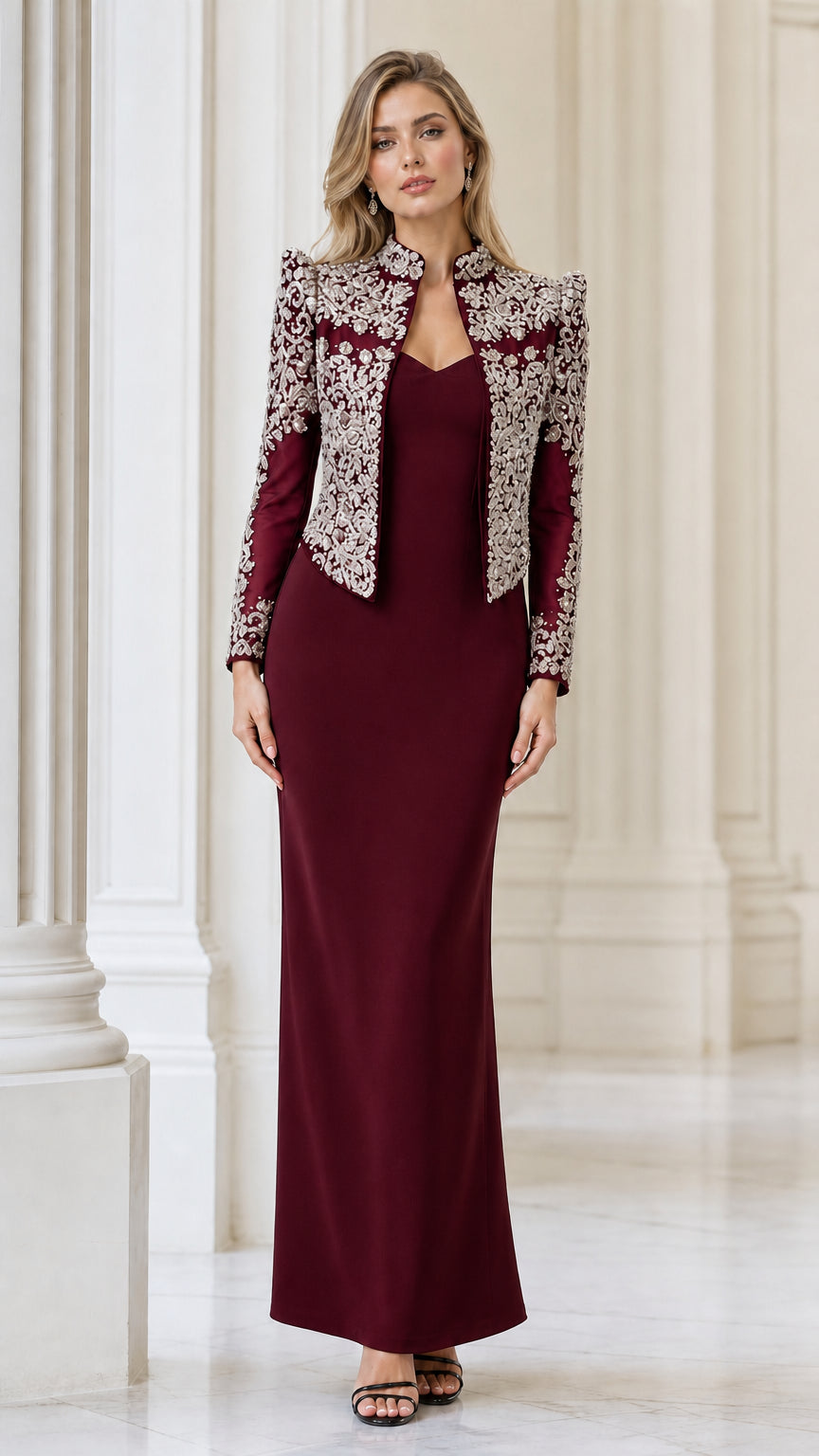 Front view of burgundy wine red evening dress and beaded jacket set