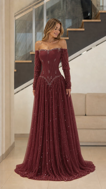 Burgundy off-the-shoulder corset formal gown with long sleeves and shimmering A-line skirt