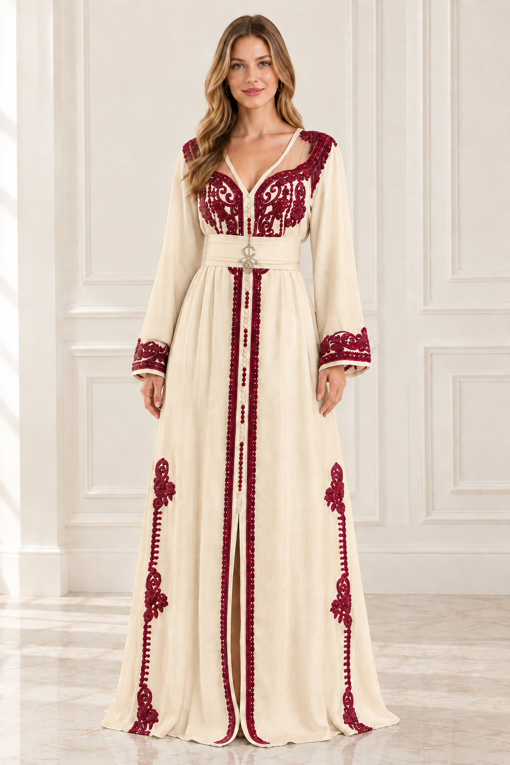 Full front view of champagne Moroccan kaftan maxi dress with burgundy embroidery