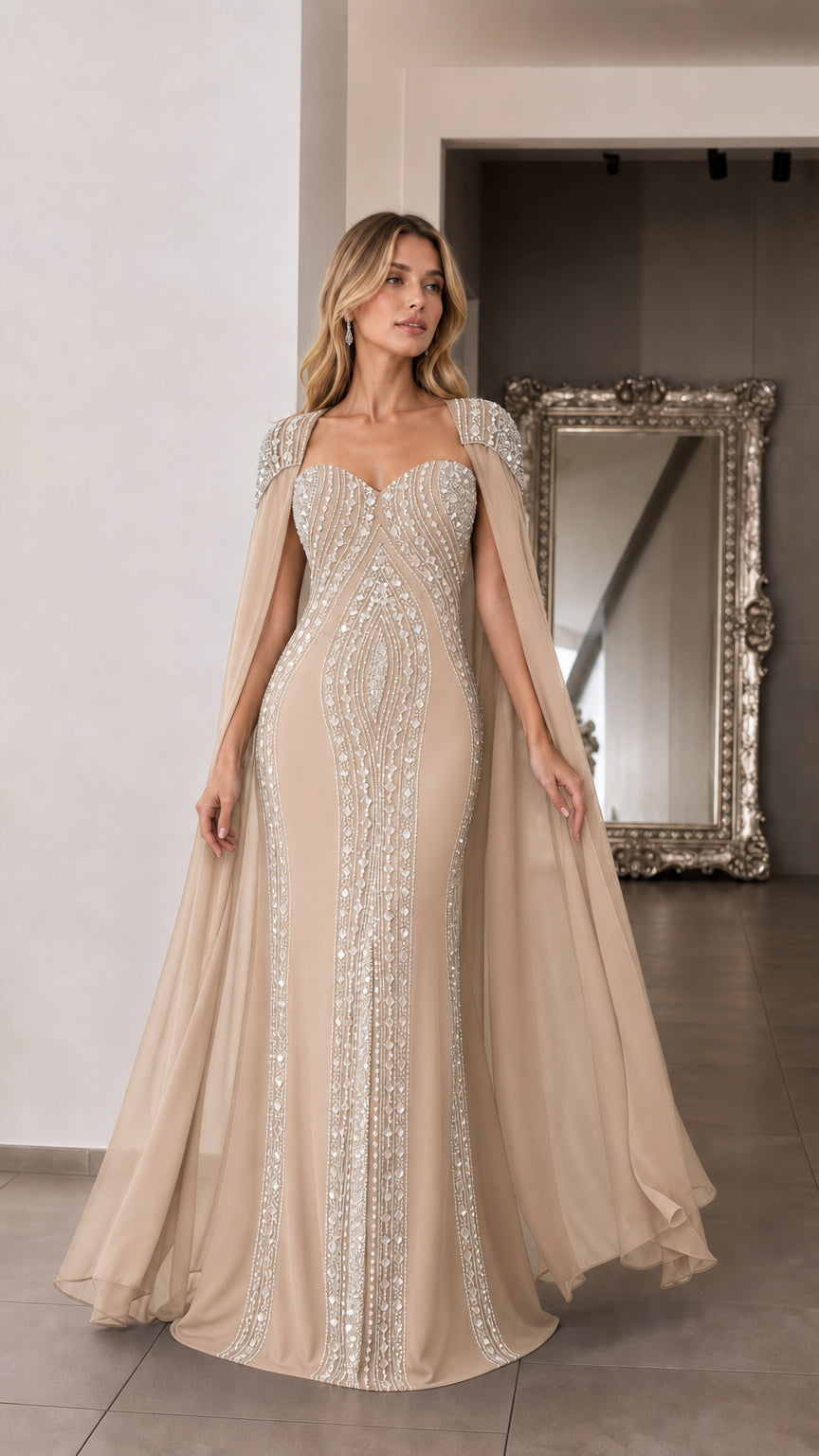 Front view of woman wearing champagne beige embellished formal evening gown with cape