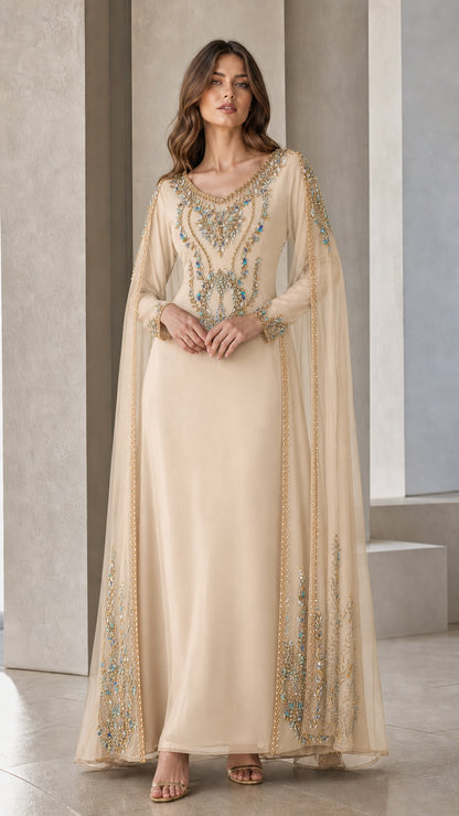 Champagne cream formal cape evening gown with delicate gold beading