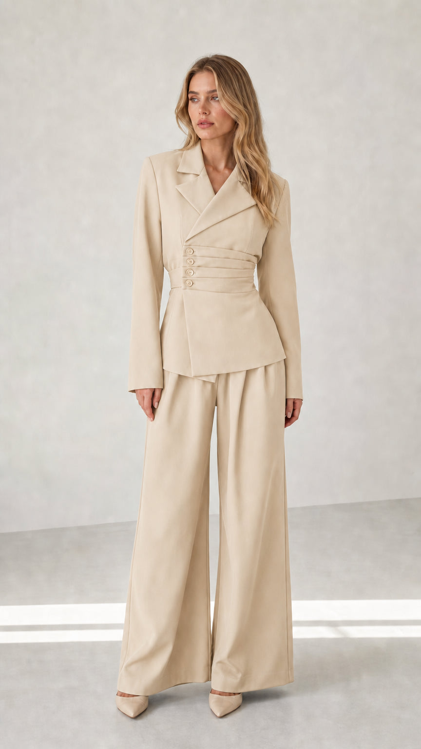 Woman wearing beige cream tailored blazer and wide leg trousers set