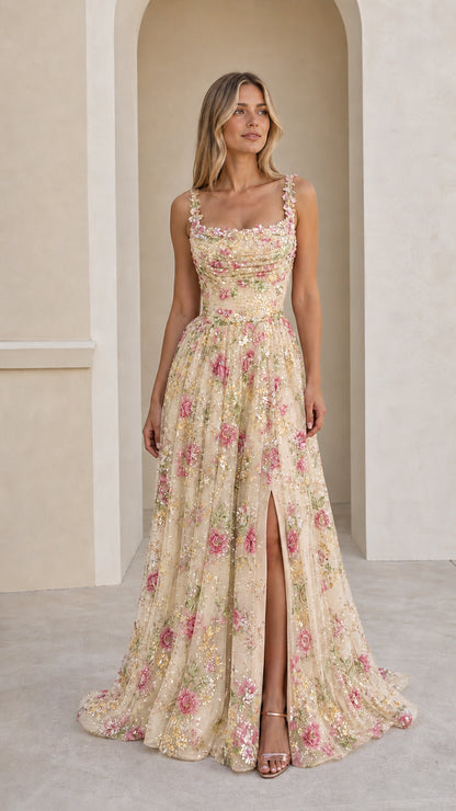 Front view of champagne cream floral embroidered sequin formal evening dress