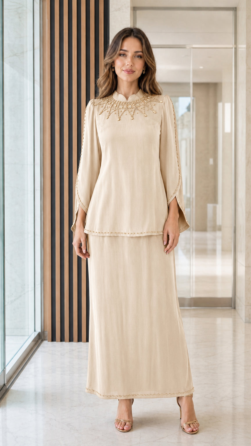 Champagne beige 2-piece modest embellished tunic and maxi skirt set