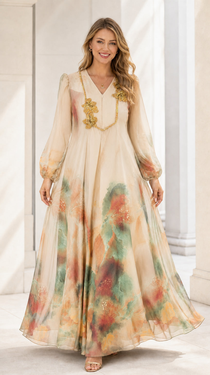 Champagne ivory floral watercolor chiffon maxi dress on model