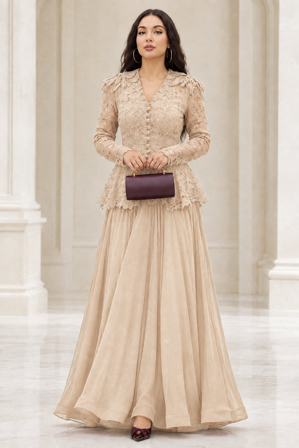 Model wearing champagne beige lace peplum maxi evening dress