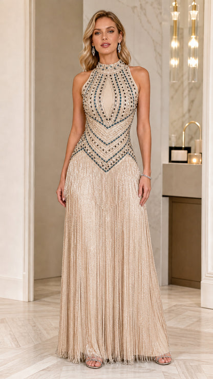 Champagne gold beaded halter maxi formal gown with fringe details