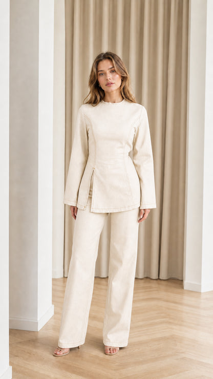 Front full-length view of model in Cream contrast stitch denim pant set